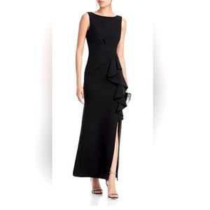 Eliza J Ruffle-Front Sleeveless Maxi Gown – Black, Size 4 NWT Formal Dress